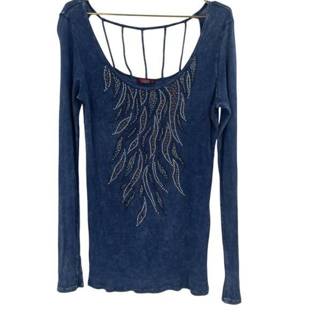 T Party Fashion Blue Long Sleeve Top with Rhinestones